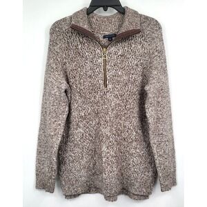 Tommy Hilfiger Women's Large Pullover 1/4 Zip Mock Neck Sweater Heathered Brown